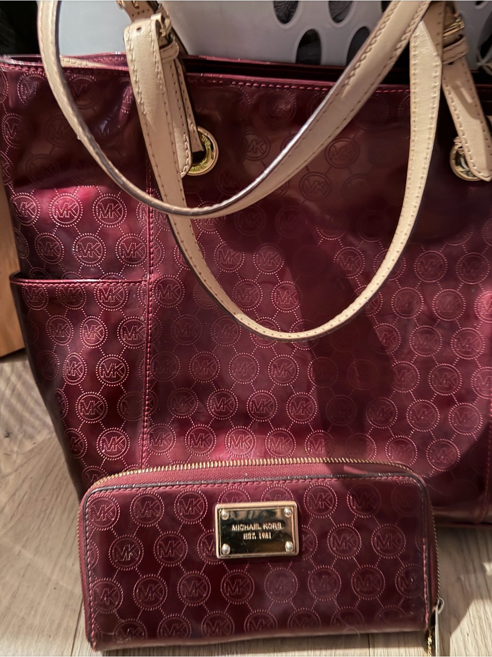 Michael Kors Burgundy Logo Tote with Cream Handles and Matching Wallet